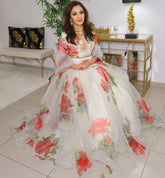 Ravishing White Color Organza Floral Printed Lehenga Choli